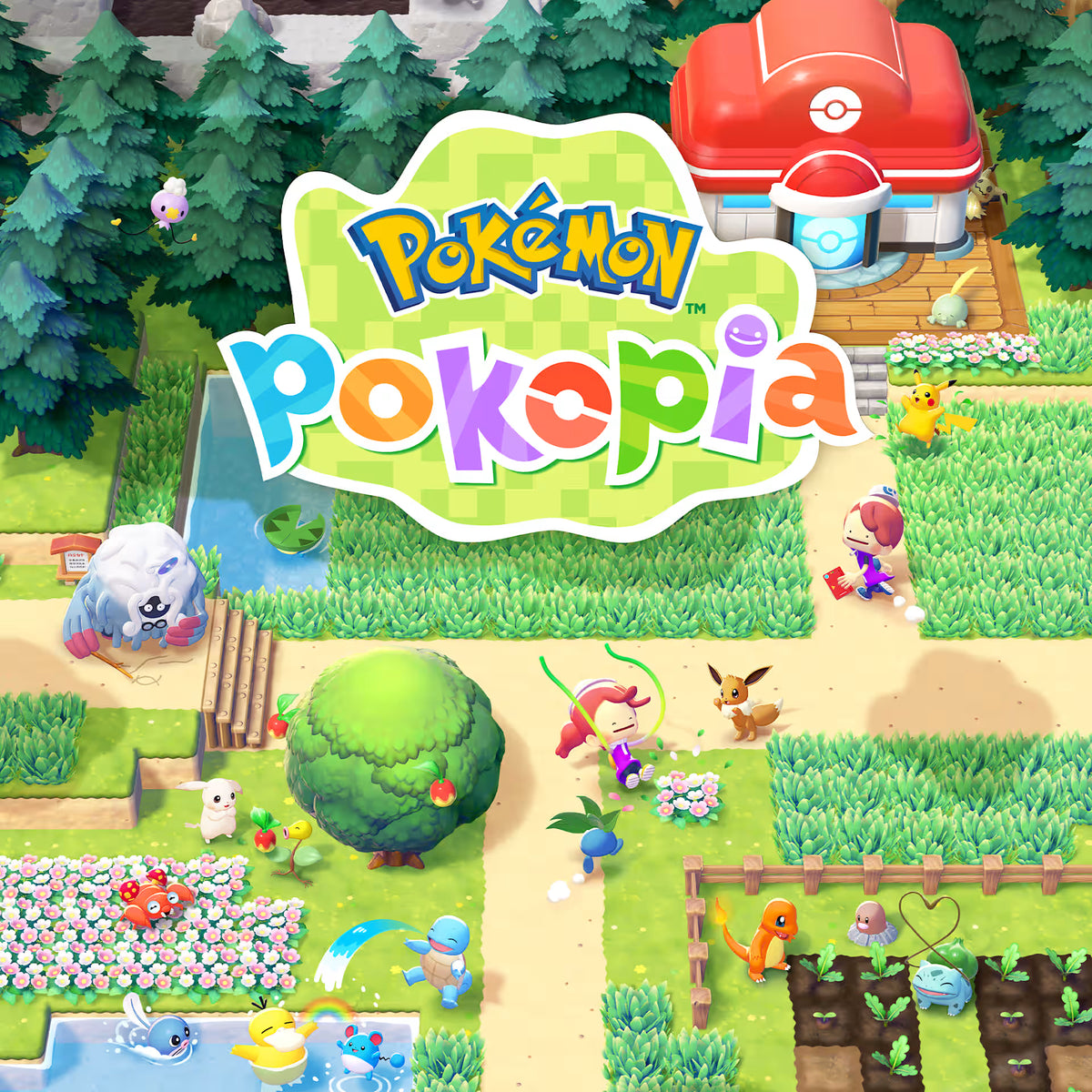 Pokémon Pokopia for Nintendo Switch 2 official game artwork, showing the colourful Pokémon world with green landscapes, familiar Pokémon and the Pokopia logo.