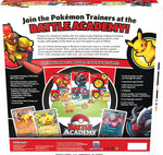 Back of Pokémon TCG Battle Academy 2024 retail box showing product information, included Pokémon trading card decks and beginner game accessories.