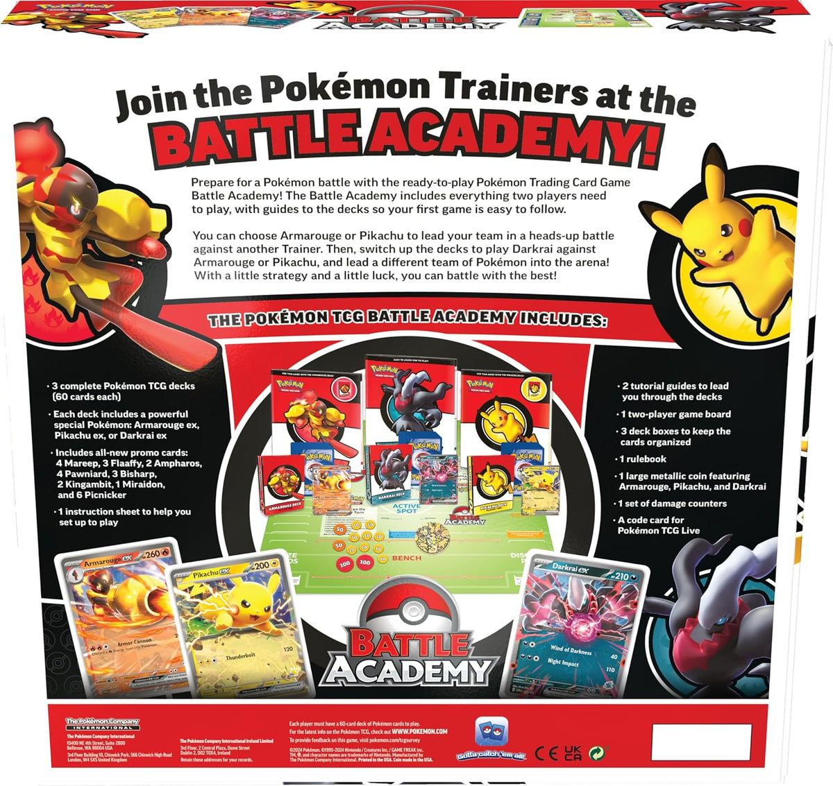 Back of Pokémon TCG Battle Academy 2024 retail box showing product information, included Pokémon trading card decks and beginner game accessories.