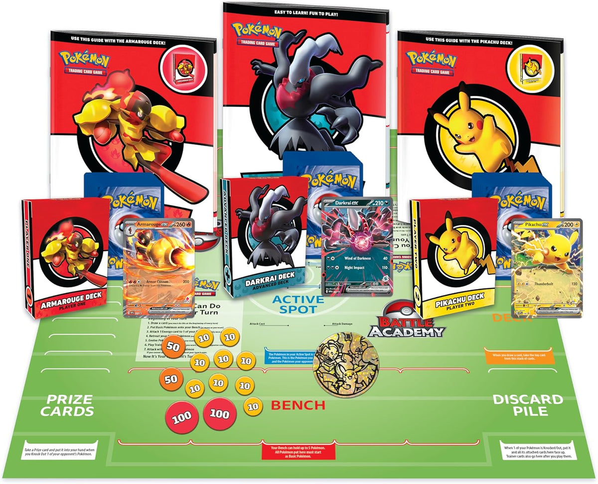 Pokémon TCG Battle Academy 2024 set contents featuring three Pokémon card decks, Pikachu ex, Armarouge ex and Darkrai ex, game board and accessories.