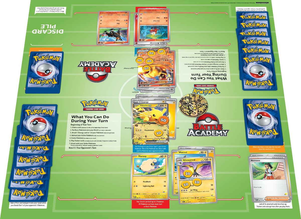 Pokémon TCG Battle Academy 2024 two-player game board showing the card layout, Pokémon decks and play areas for learning the trading card game.