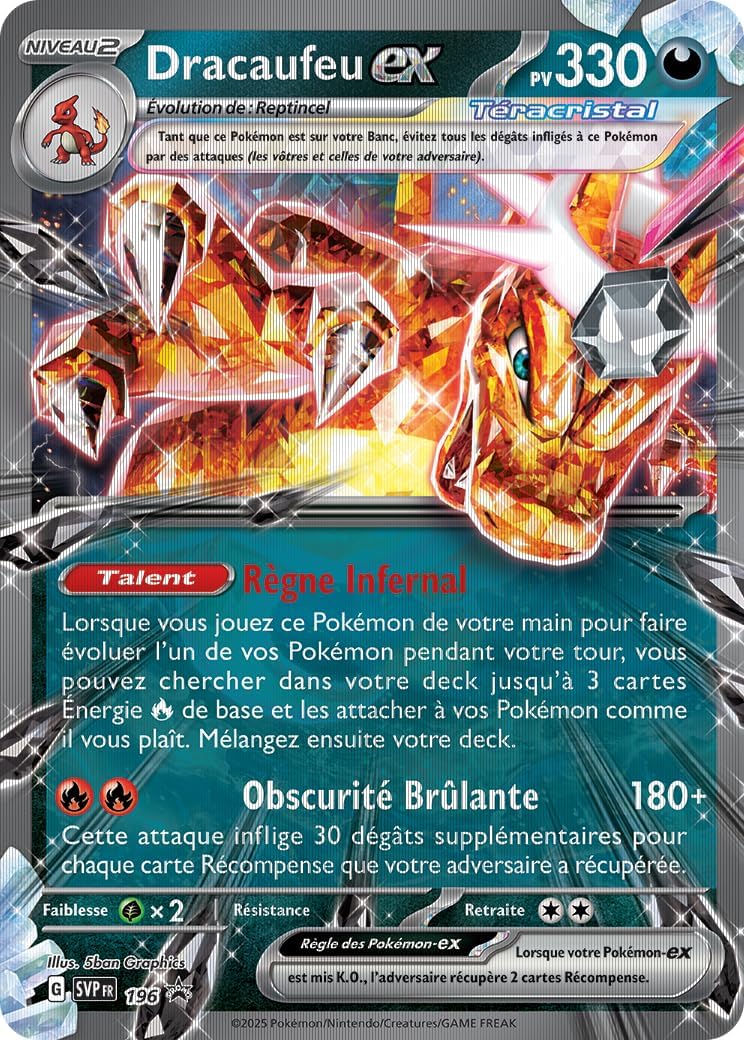 Close-up of a French Dracaufeu ex Pokémon card showing Charizard artwork and French attack text