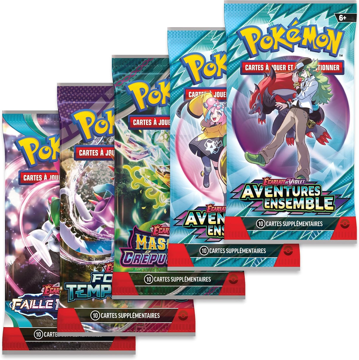 Five French Pokémon TCG booster packs arranged in an overlapping fan
