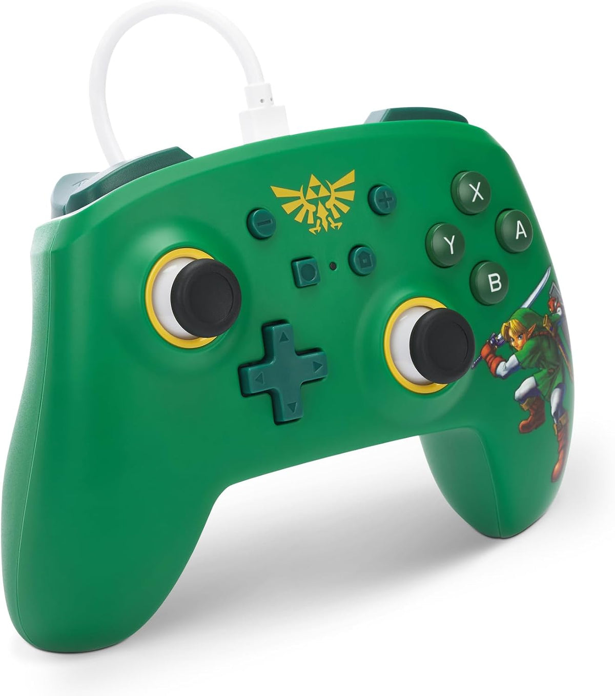 PowerA The Legend of Zelda Hyrule Defender Wired Controller shown at an angle, highlighting its green finish, gold detailing, Zelda character artwork and ergonomic design.