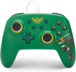 PowerA Zelda Hyrule Defender Wired Controller for Nintendo Switch, front view showing the green casing, gold Hylian Crest, yellow analogue stick rings and Zelda artwork.