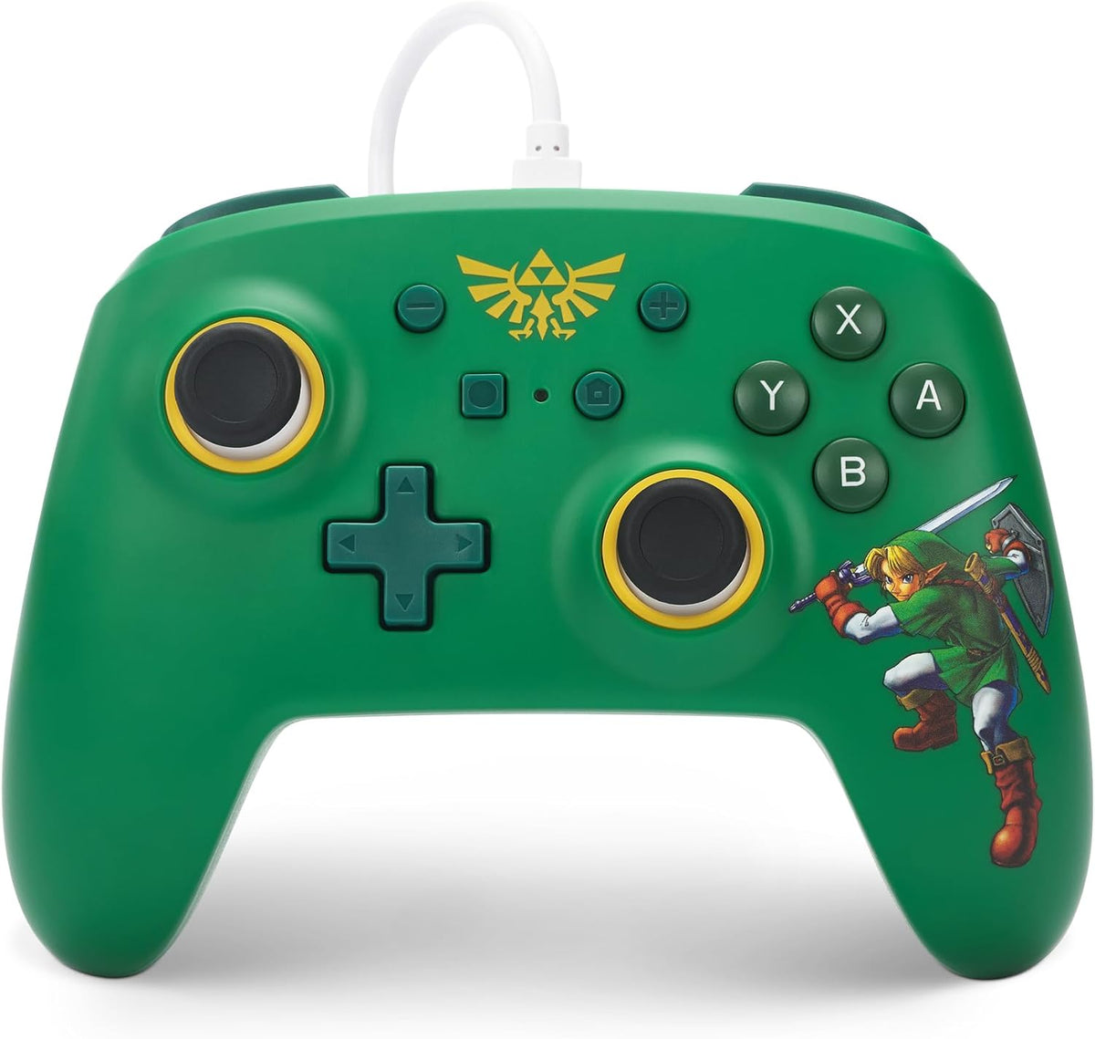 PowerA Zelda Hyrule Defender Wired Controller for Nintendo Switch, front view showing the green casing, gold Hylian Crest, yellow analogue stick rings and Zelda artwork.