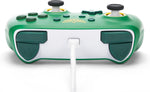 Top view of the PowerA Hyrule Defender Wired Controller for Nintendo Switch, showing the shoulder buttons, triggers, green casing and detachable USB cable connection.