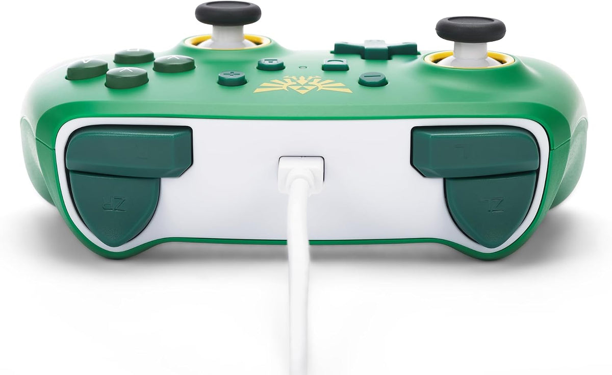 Top view of the PowerA Hyrule Defender Wired Controller for Nintendo Switch, showing the shoulder buttons, triggers, green casing and detachable USB cable connection.
