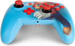 PowerA Mario Punch Nintendo Switch Controller viewed from a low front angle, highlighting the red D-pad, analogue sticks, ABXY buttons and detailed Super Mario artwork.