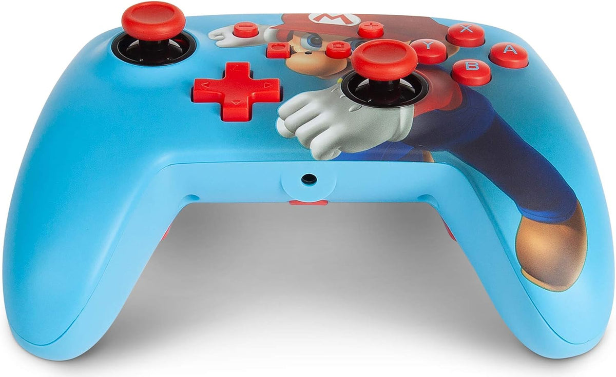 PowerA Mario Punch Nintendo Switch Controller viewed from a low front angle, highlighting the red D-pad, analogue sticks, ABXY buttons and detailed Super Mario artwork.