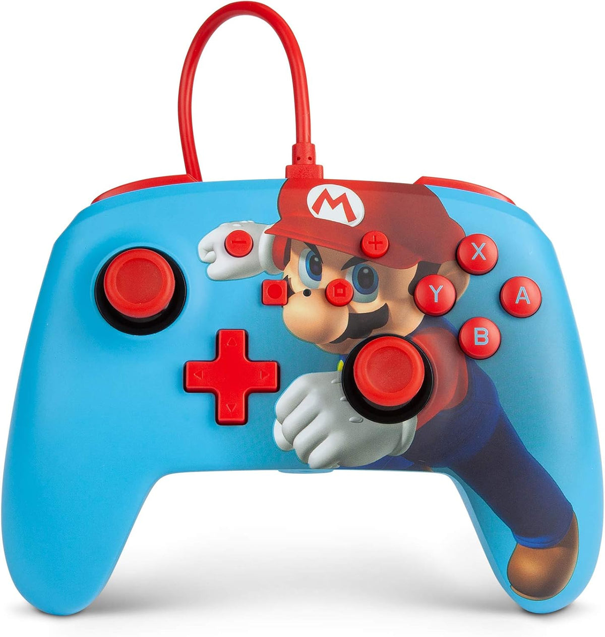 PowerA Mario Punch Enhanced Wired Controller for Nintendo Switch, front view featuring Super Mario artwork, bright blue casing, red buttons and matching red USB cable.