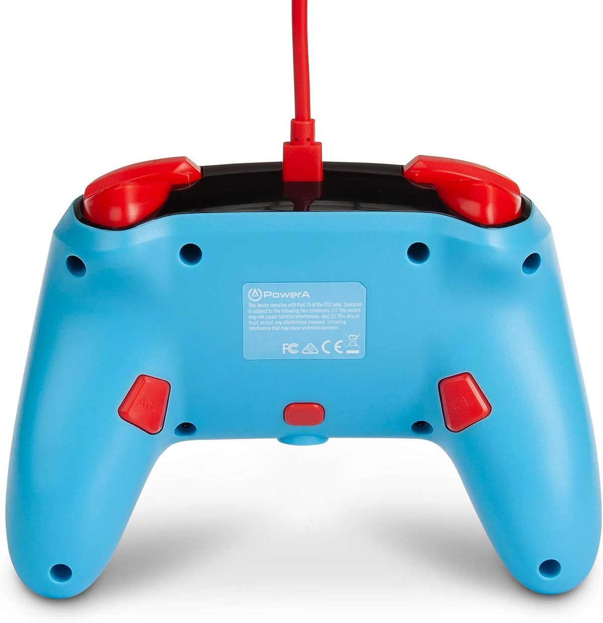 Rear view of the PowerA Mario Punch Wired Controller for Nintendo Switch, showing the blue back casing, red shoulder buttons, rear controls and connected USB cable.