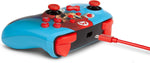 Side profile of the PowerA Mario Punch Nintendo Switch Wired Controller, showing its curved blue ergonomic grip, raised analogue sticks, red triggers and USB cable connection.