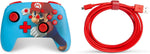 PowerA Mario Punch Enhanced Wired Controller for Nintendo Switch displayed alongside its detachable red USB cable, showing the blue and red Super Mario-themed design.