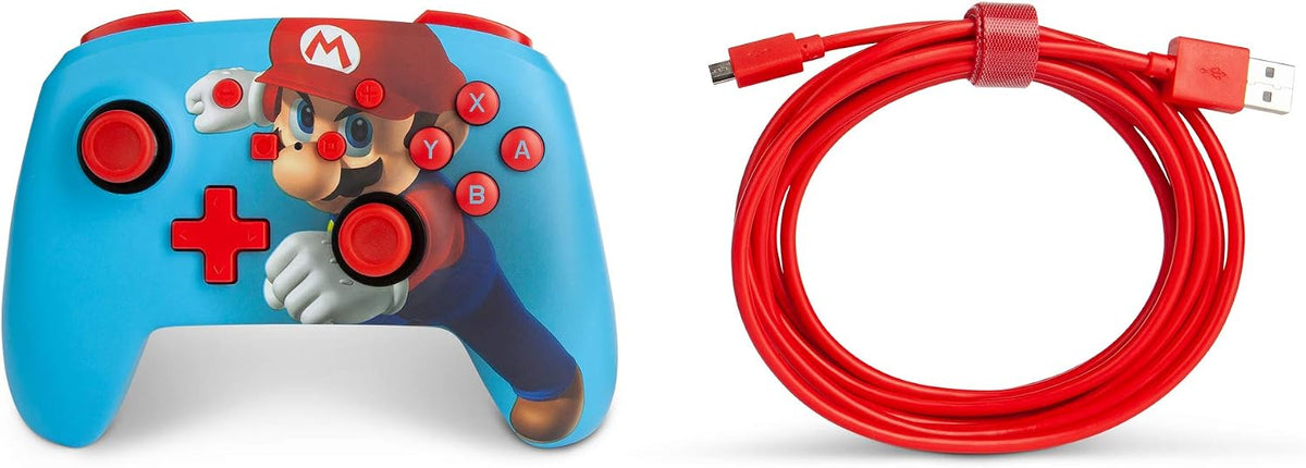 PowerA Mario Punch Enhanced Wired Controller for Nintendo Switch displayed alongside its detachable red USB cable, showing the blue and red Super Mario-themed design.