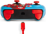 Close-up of the PowerA Mario Punch Enhanced Wired Controller for Nintendo Switch, showing the red shoulder buttons, triggers and central USB connection.