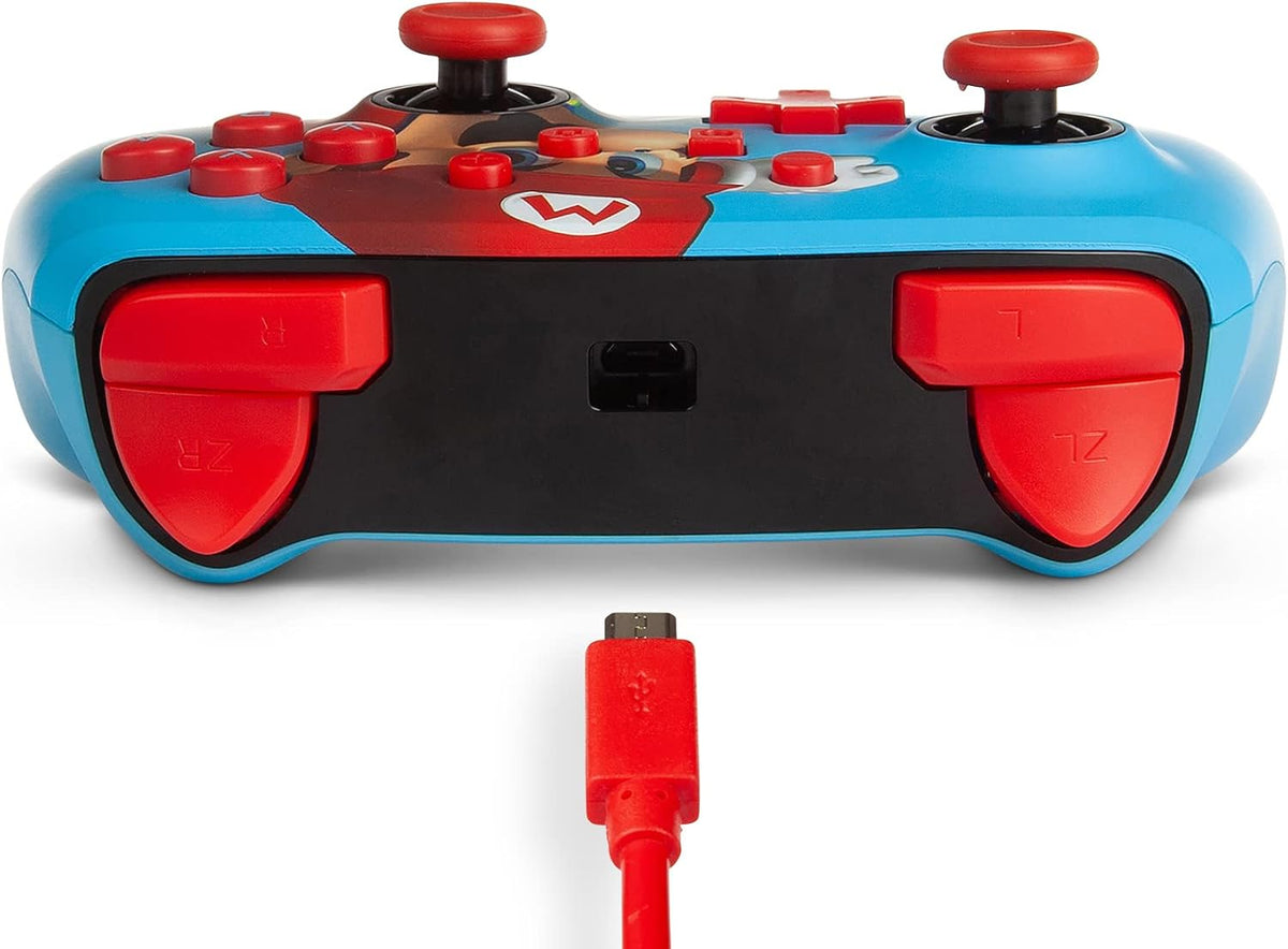 Close-up of the PowerA Mario Punch Enhanced Wired Controller for Nintendo Switch, showing the red shoulder buttons, triggers and central USB connection.