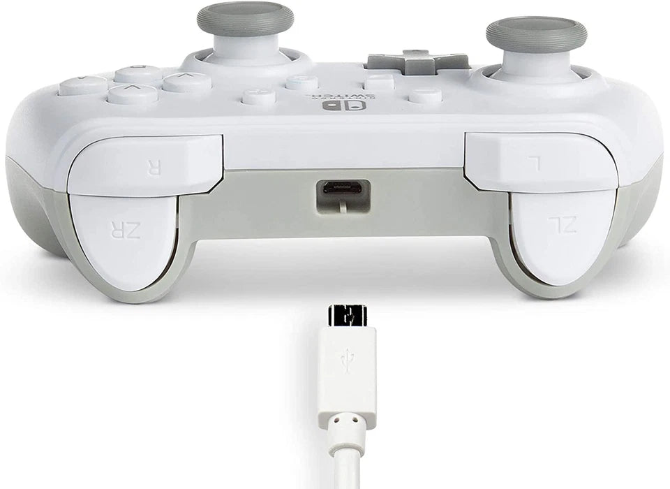 PowerA White Wired Controller for Nintendo Switch viewed from above, showing the shoulder buttons, triggers and detachable USB cable connection.