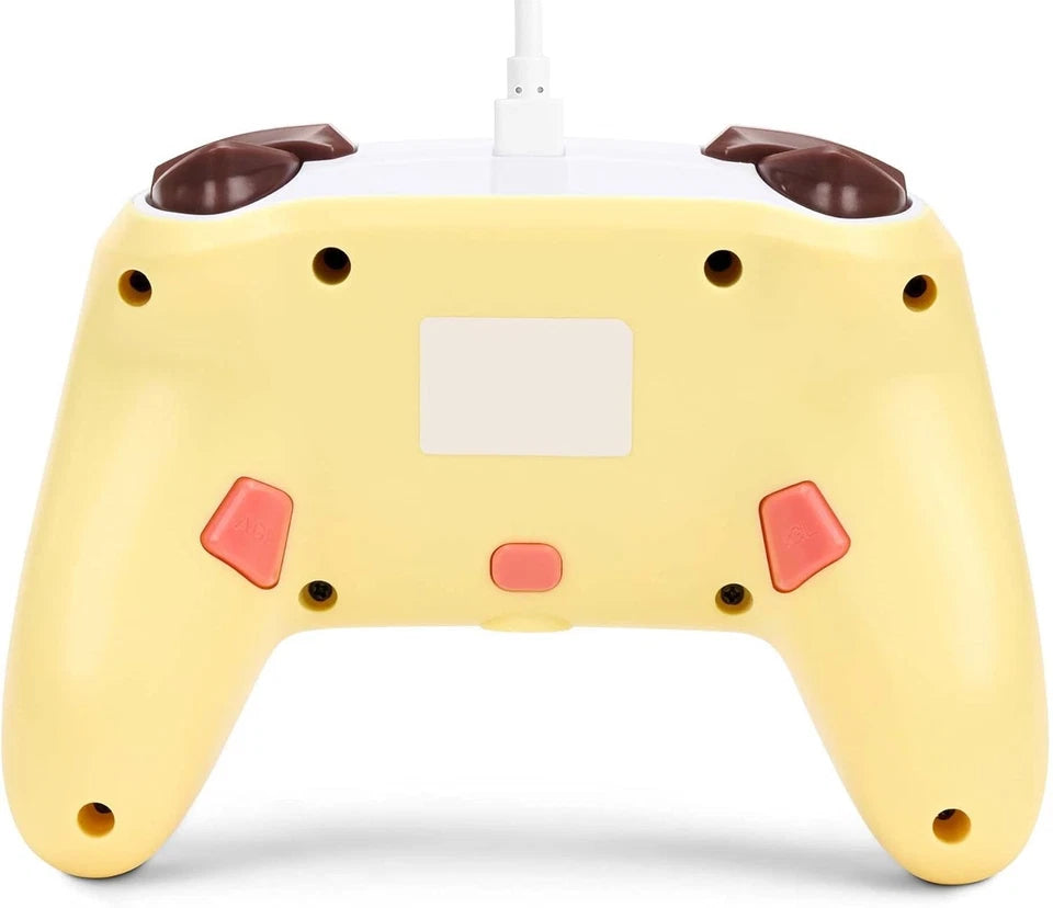 Rear view of the PowerA Pokémon Pikachu Electric Type Enhanced Wired Controller showing the yellow back casing, brown shoulder buttons and ergonomic Nintendo Switch controller grips.