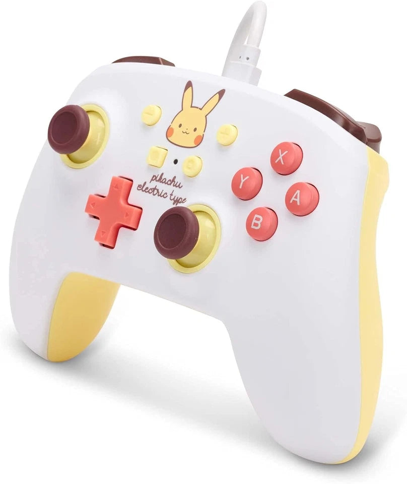 PowerA Pikachu Electric Type Enhanced Wired Nintendo Switch Controller shown at an angle, highlighting the white and yellow design, Pikachu artwork and ergonomic grips.