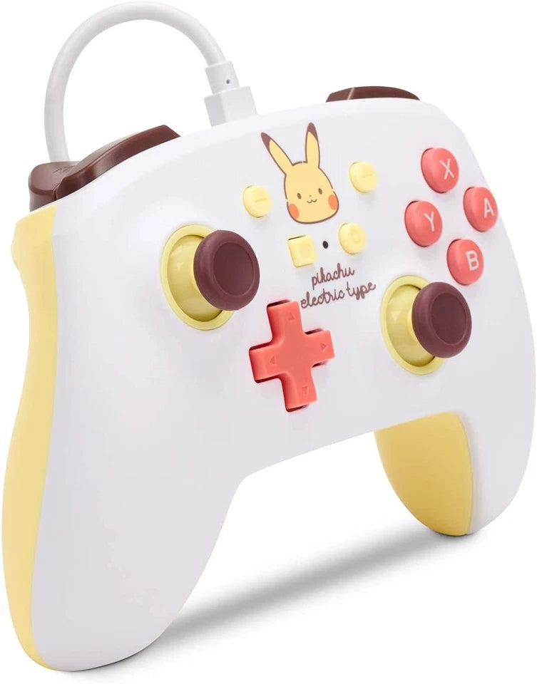PowerA Pokémon Pikachu Electric Type Enhanced Wired Controller for Nintendo Switch in a three-quarter front view, featuring Pikachu graphics, a white USB cable and yellow side grips.