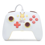 PowerA Pokémon Pikachu Electric Type Enhanced Wired Controller for Nintendo Switch, front view featuring Pikachu artwork, yellow accents, red buttons and purple analogue sticks.