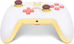 PowerA Pokémon Pikachu Electric Type Nintendo Switch Wired Controller viewed from above, displaying the red directional pad, colourful face buttons, purple thumbsticks and yellow grips.