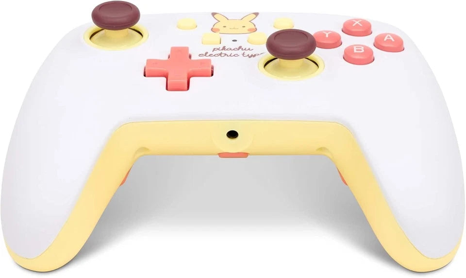 PowerA Pokémon Pikachu Electric Type Nintendo Switch Wired Controller viewed from above, displaying the red directional pad, colourful face buttons, purple thumbsticks and yellow grips.