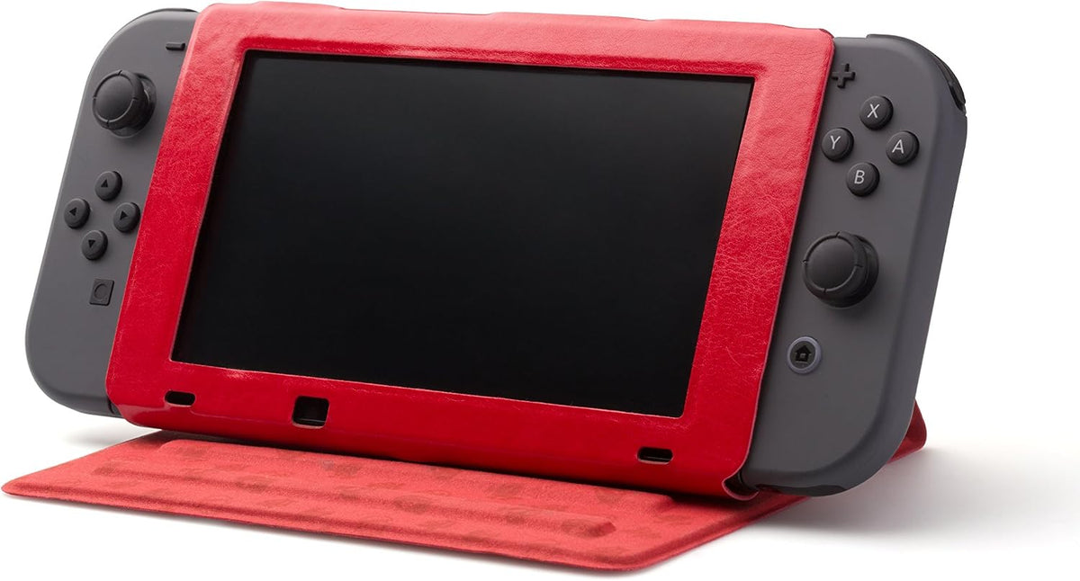PowerA Super Mario Hybrid Cover and Stand supporting a Nintendo Switch console in tabletop mode, showing the red folding stand and adjustable viewing position.