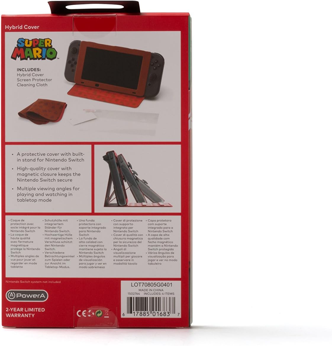 Back of the PowerA Super Mario Hybrid Cover and Stand retail packaging, displaying product features, Nintendo Switch tabletop stand illustrations and compatibility information.