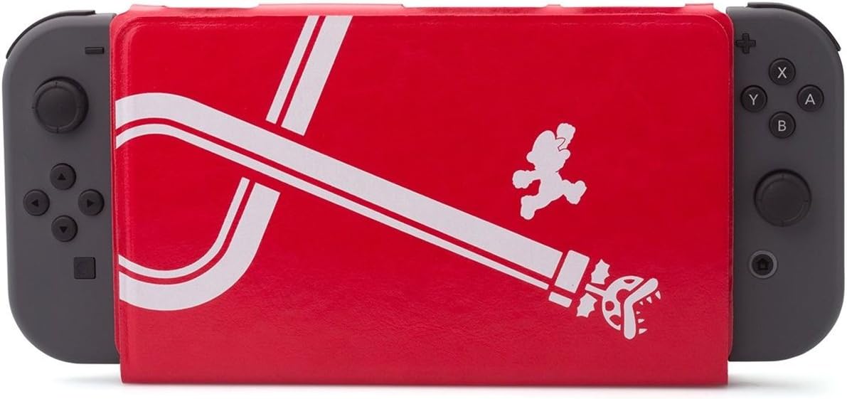 PowerA Super Mario Hybrid Cover and Stand for Nintendo Switch, featuring a red protective folding cover with white Super Mario artwork and stripe design.