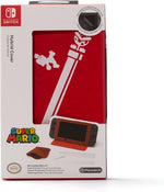 Front of the PowerA Super Mario Hybrid Cover and Stand Nintendo Switch retail packaging, showing the red Mario-themed protective cover and tabletop stand functionality.