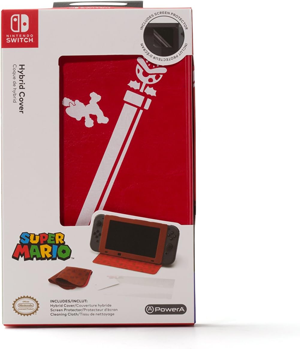Front of the PowerA Super Mario Hybrid Cover and Stand Nintendo Switch retail packaging, showing the red Mario-themed protective cover and tabletop stand functionality.