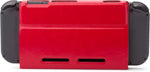 Rear view of the PowerA Super Mario Hybrid Cover fitted to a Nintendo Switch console, showing the red protective backing with ventilation cutouts.