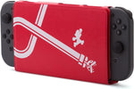 PowerA Super Mario Hybrid Cover for Nintendo Switch shown at an angle, featuring the red protective panel, white Mario silhouette and classic Super Mario styling.