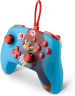 PowerA Mario Punch Enhanced Wired Controller shown from a three-quarter angle, featuring Mario punching forward across the bright blue casing with red gaming controls.