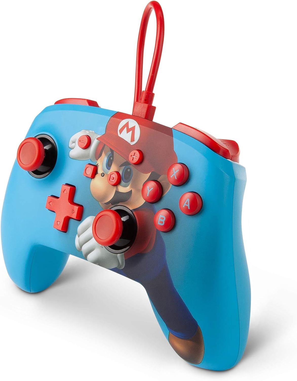 PowerA Mario Punch Enhanced Wired Controller shown from a three-quarter angle, featuring Mario punching forward across the bright blue casing with red gaming controls.