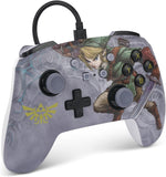 PowerA The Legend of Zelda Valiant Link wired controller shown at an angle, highlighting the detailed Link illustrations, grey finish, ergonomic grips and detachable USB cable.
