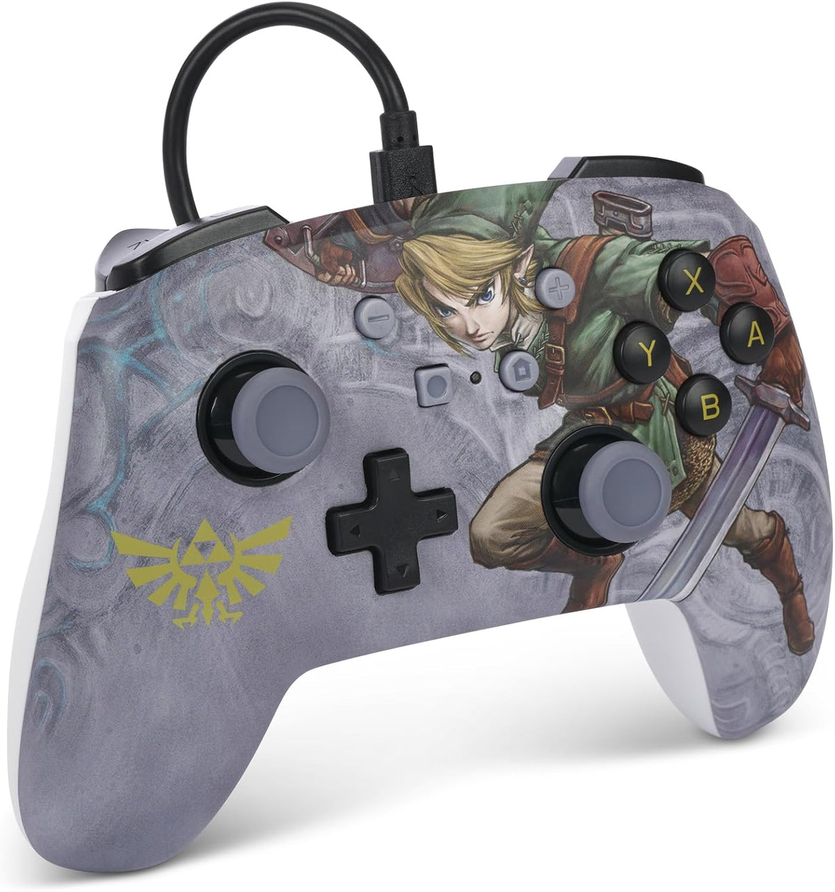 PowerA The Legend of Zelda Valiant Link wired controller shown at an angle, highlighting the detailed Link illustrations, grey finish, ergonomic grips and detachable USB cable.