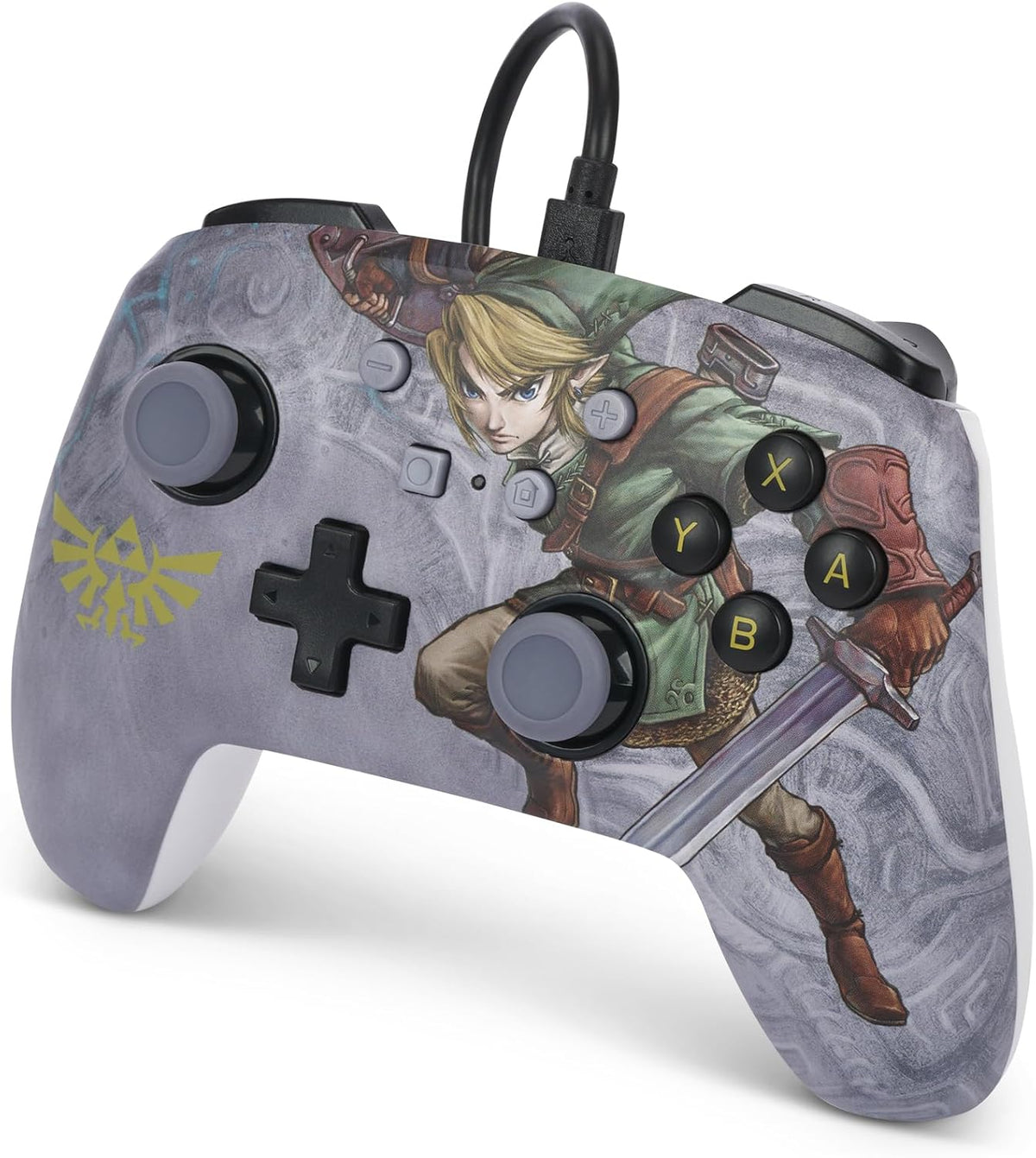 PowerA Valiant Link Enhanced Wired Controller shown from a raised front angle, featuring detailed Legend of Zelda artwork, a gold Hylian Crest and grey analogue sticks.