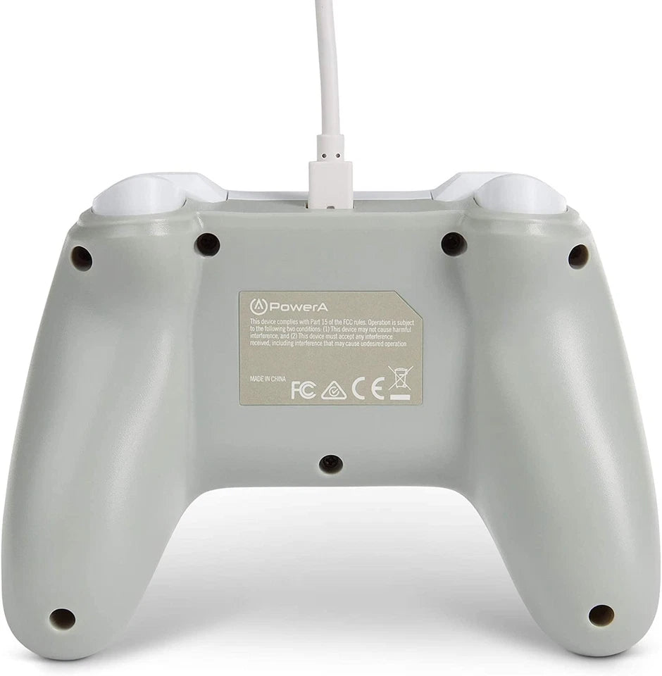 Rear view of the PowerA Officially Licensed White Wired Controller for Nintendo Switch, showing the back casing, ergonomic grips and USB cable connection.