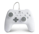 PowerA Officially Licensed Wired Controller in White for Nintendo Switch, front view showing grey analogue sticks, D-pad, Nintendo Switch buttons and white USB cable.