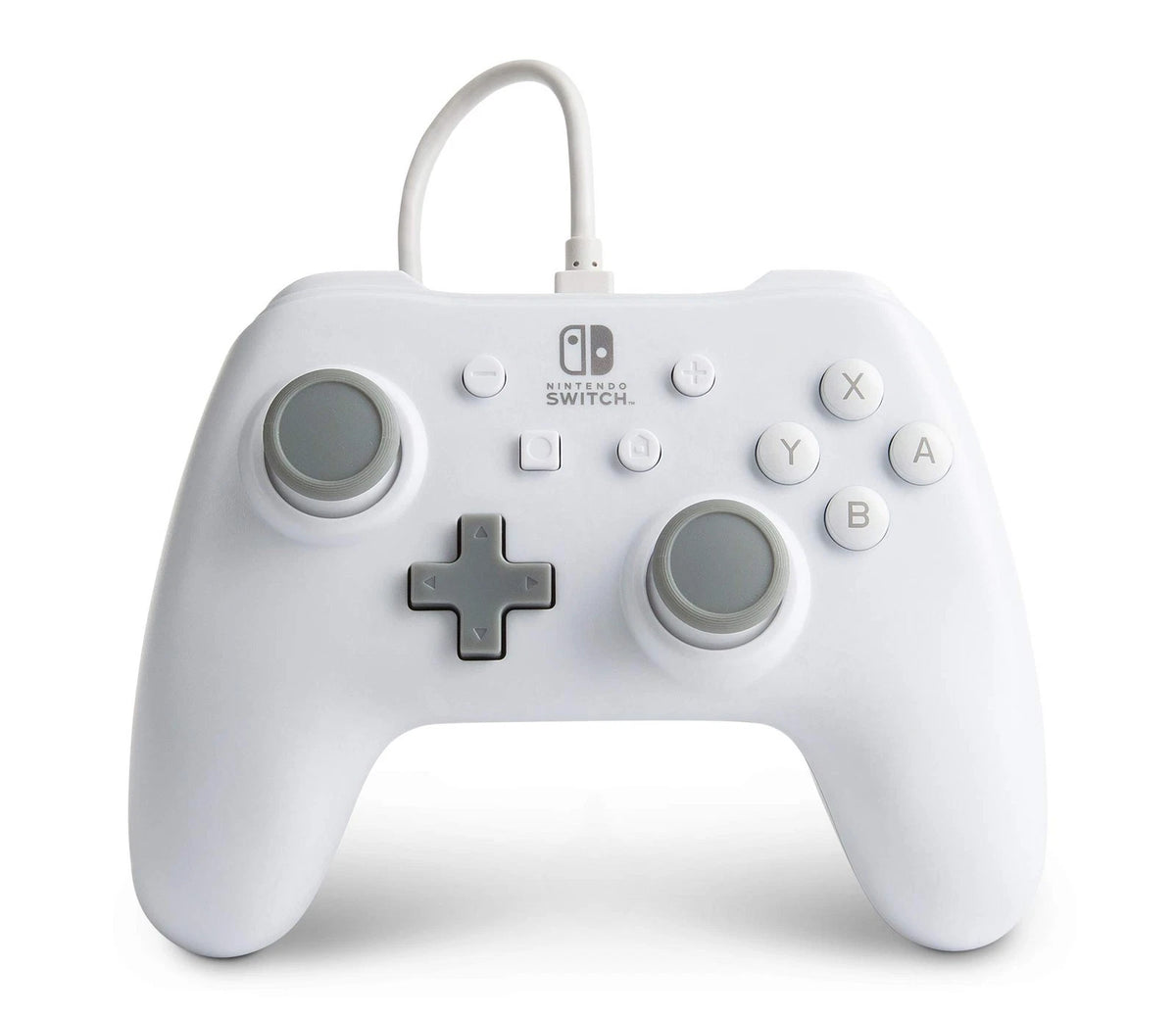 PowerA Officially Licensed Wired Controller in White for Nintendo Switch, front view showing grey analogue sticks, D-pad, Nintendo Switch buttons and white USB cable.
