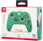 PowerA Hyrule Defender Wired Controller for Nintendo Switch in official The Legend of Zelda retail packaging, featuring the green controller with gold Hylian Crest artwork.