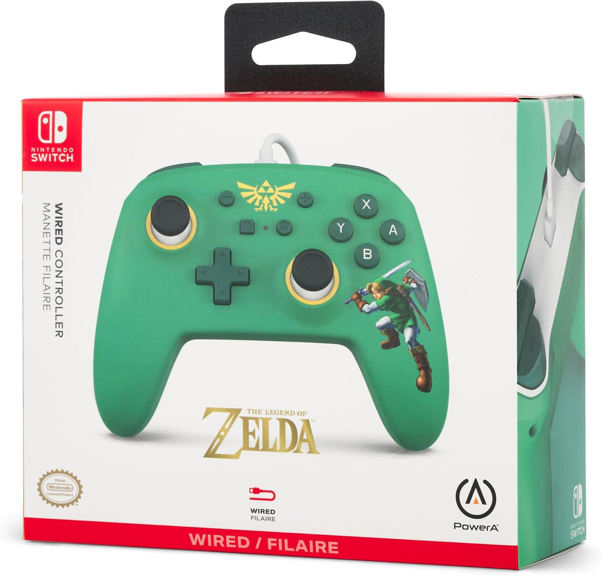 PowerA Hyrule Defender Wired Controller for Nintendo Switch in official The Legend of Zelda retail packaging, featuring the green controller with gold Hylian Crest artwork.