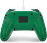 Rear view of the PowerA Zelda Hyrule Defender Wired Controller for Nintendo Switch, showing the green back casing, ergonomic handles and USB cable connection.