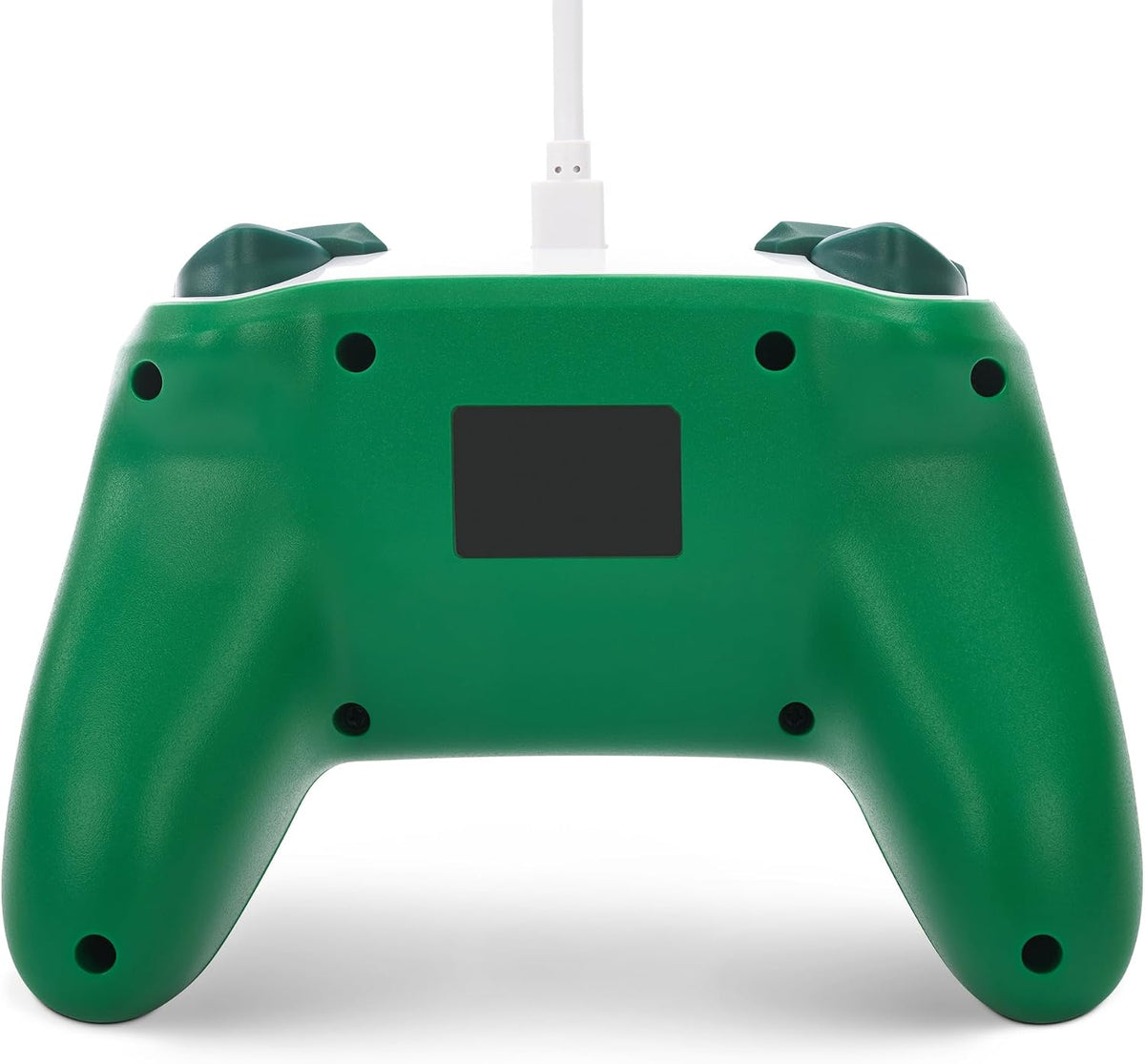 Rear view of the PowerA Zelda Hyrule Defender Wired Controller for Nintendo Switch, showing the green back casing, ergonomic handles and USB cable connection.