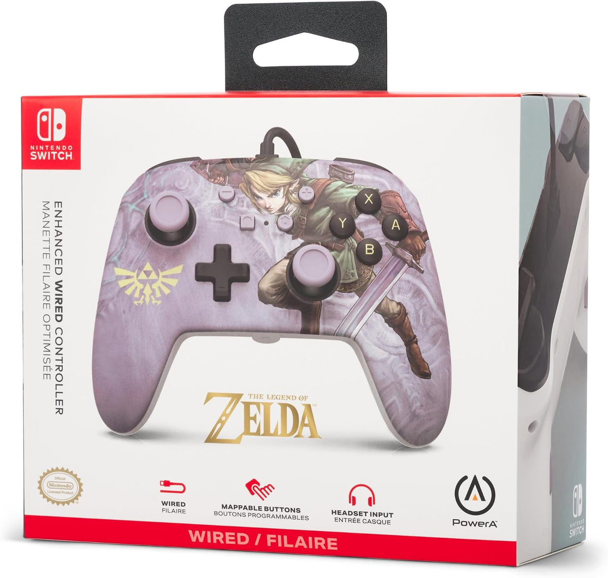 PowerA Valiant Link Enhanced Wired Controller for Nintendo Switch in official The Legend of Zelda retail packaging, featuring Link artwork and the grey Zelda-themed controller.