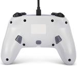 Rear view of the PowerA Zelda Valiant Link Enhanced Wired Controller for Nintendo Switch, showing the white back casing, programmable rear buttons and USB cable connection.