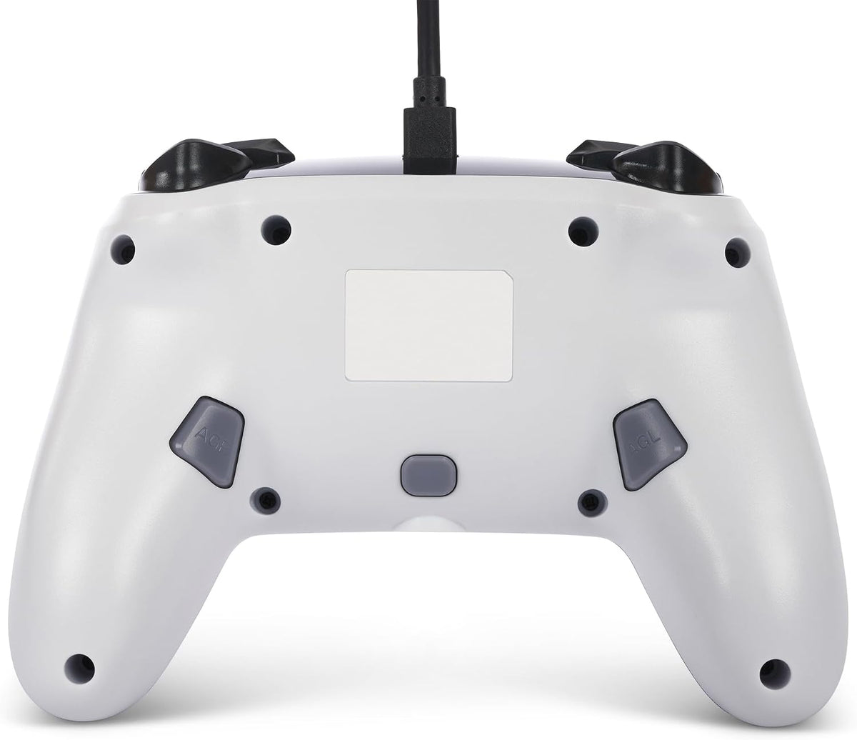 Rear view of the PowerA Zelda Valiant Link Enhanced Wired Controller for Nintendo Switch, showing the white back casing, programmable rear buttons and USB cable connection.
